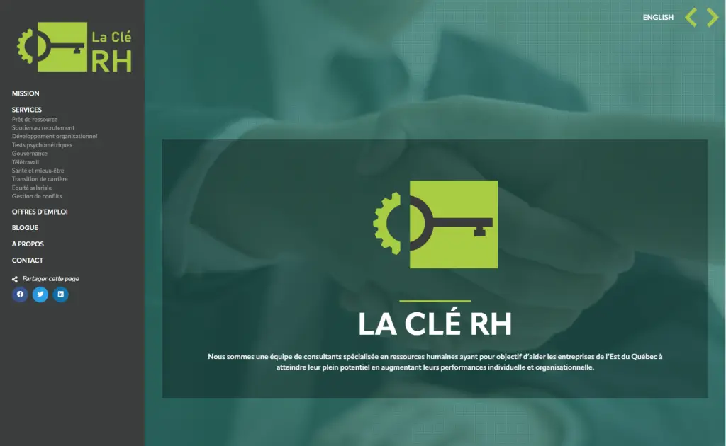 Capture d`écran du site web de La Clé RH, spécialiste en ressources humaines. Réalisé par La Boîte FLEXIBLE