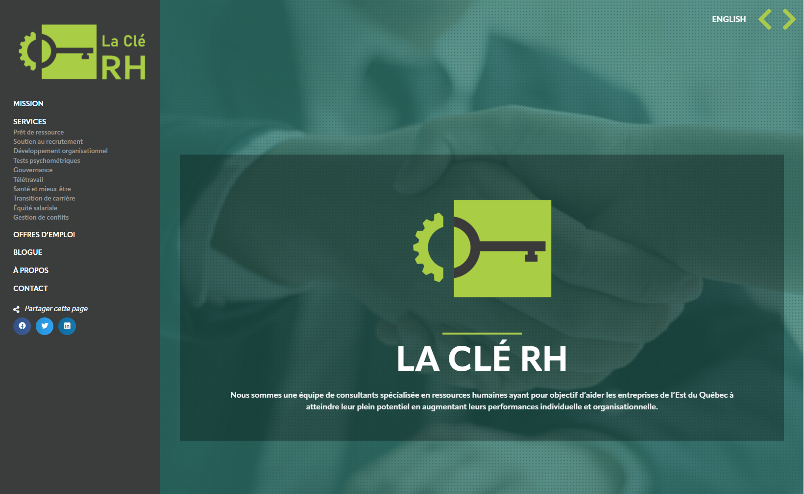 Capture d`écran du site web de La Clé RH, spécialiste en ressources humaines. Réalisé par La Boîte FLEXIBLE